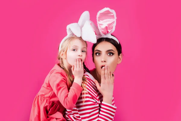 Surprised easter family. Sister girl bunny ears funny little mother kids celebrate. Egg hunt traditional spring holiday