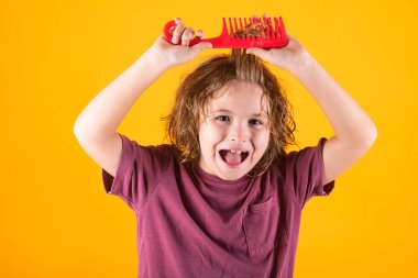 Kıvırcık sarı saçlı, taraklı taraklı komik çocuk. Çocuk saç bakımı. Saçlarını tarayan bir çocuk. Saç stili seçen çocuk. Saçlarını tarayan çocuk, saç bakımı...