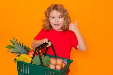 Market alışverişi. Market sepeti olan bir çocuk, izole edilmiş bir stüdyo resmi. Süpermarketten alışveriş kavramı. Market arabasıyla alışveriş. Market, alışveriş sepeti.