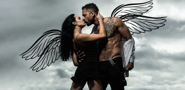 Para Aniołów Walentynkowy Baner Fotograficzny Kuszący Pocałunek Para Pocałunków Zmysłowy — Zdjęcie stockowe