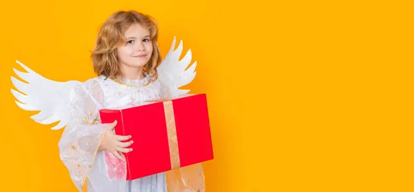 Cute Blonde Kid Angel Gift Box Present Beautiful Little Angel — Fotografia de Stock