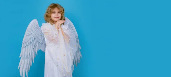 Cute angel child, studio portrait. Angel kid with angels wings, isolated background. Horizontal header, banner