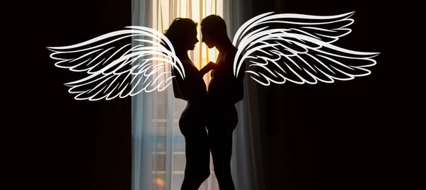 Angels couple, valentines day photo banner. Couple in love. Young sensual couple hugging, love romance concept