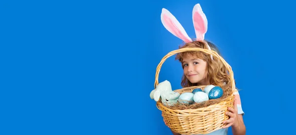 Happy Easter Child Boy Easter Basket Isolated Blue Background Funny — Foto de Stock