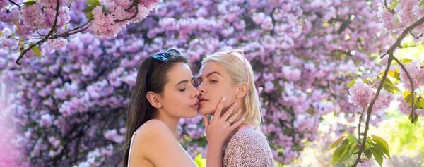 Sensual Woman Spring Outdoor Portrait Banner Spring Girls Lesbian Couple — Stock Photo, Image