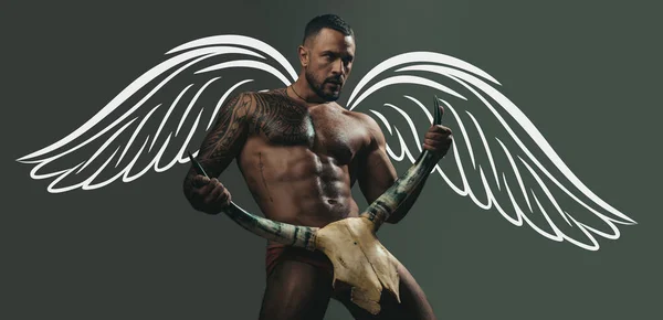 Naked Muscular Angel Photo Banner Sexy Man Wings Valentines Day — Stok fotoğraf