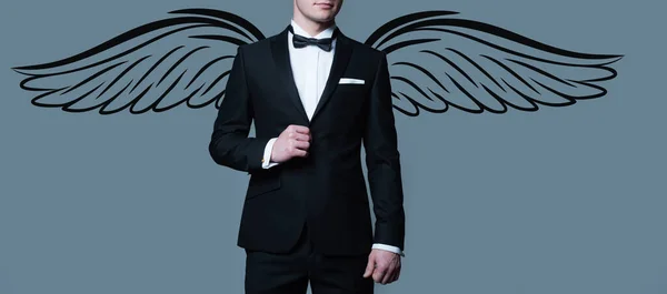 Photo Banner Sexy Man Angel Wings Valentines Day Gentleman Black — Stockfoto
