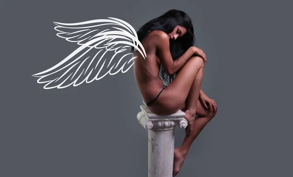 Sensual woman angel with wings. Valentines day panoramic photo banner. Erotica concept. Sensual girl, nude woman, naked female, sensual woman nude body