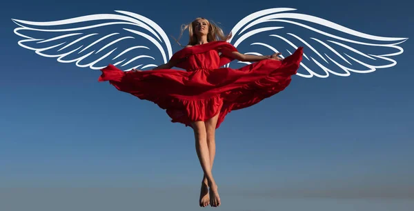 Angel woman with wings. Valentines day banner for website header design. Movement girl in red dress on sky. Attractive woman in fashion outfit outside
