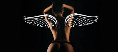 Sexy angel with wings. Valentines day wide photo banner for website header design. Nude woman back. Beautiful ass of young woman over dark background