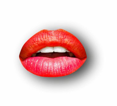 Female lips on white isolated background, clipping path. Woman mouth with red lip, close up