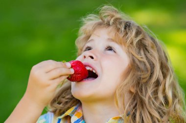 The child eats strawberry and plum. Excited face. Strawberry for kids. Amazed expression, cheerful and glad