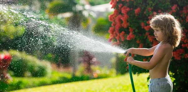 Spring child watering, banner. Kids play with water garden hose in yard. Outdoor children summer fun. Little boy playing with water hose in backyard