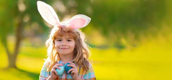 Bunny Child Boy Face Child Boy Hunting Easter Eggs Child — Zdjęcie stockowe