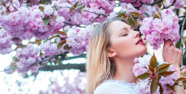 Sensual woman near sakura tree background, banner for website header. Spring woman fashion concept. Blonde woman with blooming Sakura tree and sunny day. Blooming sakura