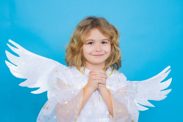 小天使形象可爱的孩子与天使翅膀隔离在蓝色工作室隔离背景 小天使 情人节 天使般的孩子 — 图库照片