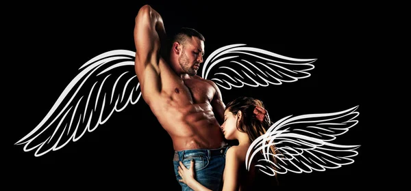 Angels couple, valentines day photo banner. Sensual couple showing sexy six pack abdomen and the woman playful proud and excited cuddling her lover in love and passion concept
