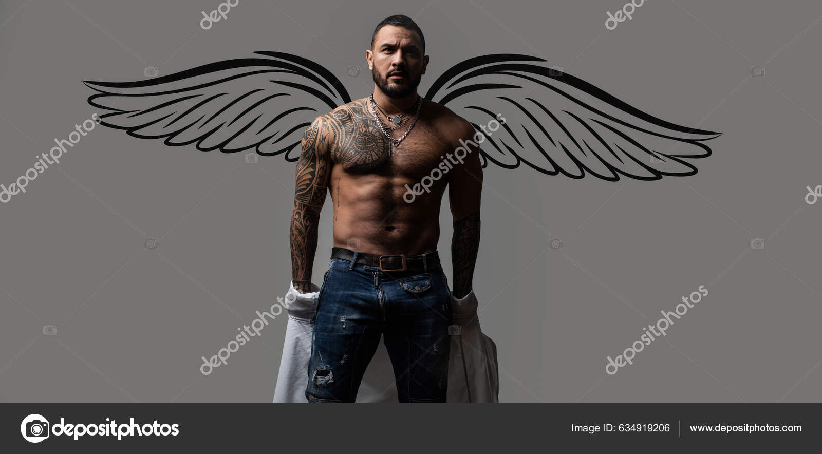 Photo Banner Sexy Man Angel Wings Valentines Day Sexy Man — Stock Photo ©  Tverdohlib.com #634919206