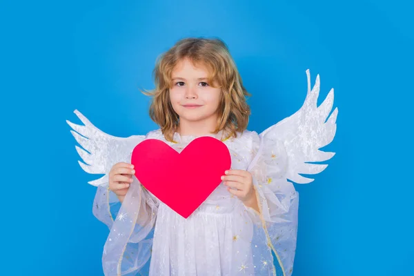 有爱心的天使小子情人节 金发可爱的孩子 天使般的翅膀在蓝色孤立的工作室背景 快乐天使般的孩子 — 图库照片