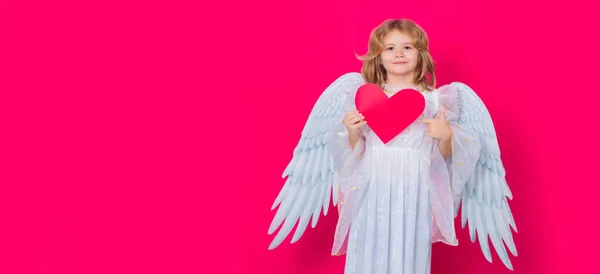 Kid Angel Heart Symbol Love Valentines Day Child Angel Pointing — Fotografia de Stock