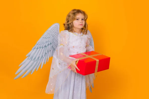 Angel Child Hold Gift Present Kid Wearing Angel Costume White — Stock Photo, Image