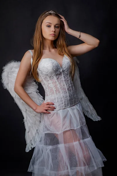 Charming Blonde Young Woman White Dress Wings Angel Cupid Arrow — Photo