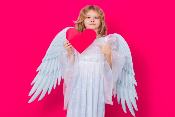 Child Angel Pointing Paper Red Heart Point Gesture Valentines Day — Stock Photo, Image