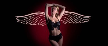 Angel woman with wings. Valentines day banner for website header design. Sexy beautiful girl, sensual young woman. Fashion and beauty female face