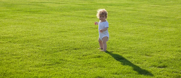 Baby Spring Grass Field Banner Cute Funny Baby Boy Learning — Stock Photo, Image