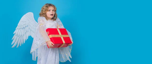 Banner Cute Child Angel Gift Box Present Beautiful Little Angel — Stockfoto