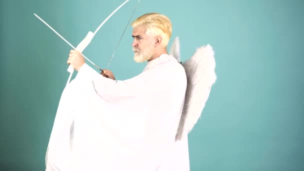 Valentines Day Concept Funny Angel Cupid Aiming Bow Arrow Angels — Stockvideo