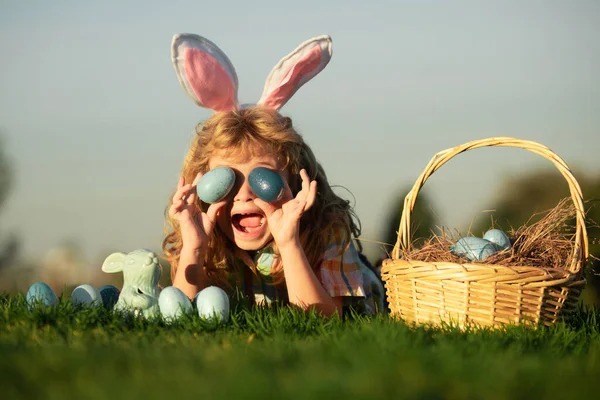Cute Excited Bunny Child Boy Rabbit Ears Child Easter Eggs — стоковое фото