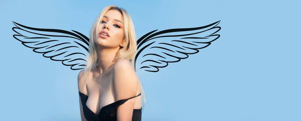 Sensual woman angel with wings. Valentines day panoramic photo banner. Beautiful young woman, tender girl. Fashion and beauty. Sexy sensual blonde woman, beautiful girl
