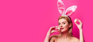 Sexy rabbit woman with eggs, isolated on pink banner, copy space. Wide photo banner for website header design