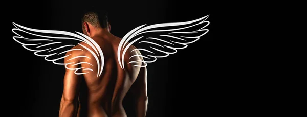 Фотоплакат Сексуального Мужчины Крыльями День Святого Валентина Мускулистый Человек Sexy — стоковое фото