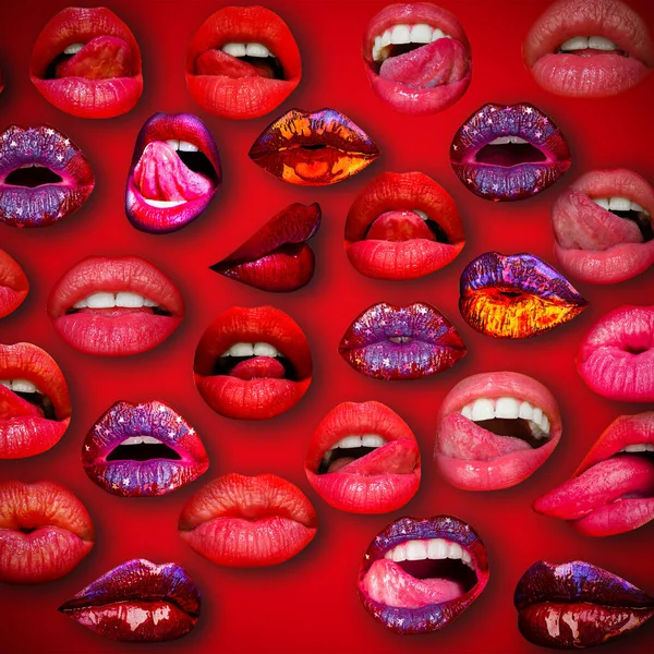 Backgroun Female Lips Collection Female Mouth Red Lip Texture Pattern — Stok fotoğraf