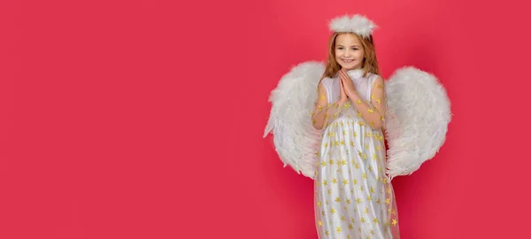 天使の子供の祈りとバレンタインデーのバナー 天使の子供の女の子と白い翼と天使ハロー バレンタインデー — ストック写真