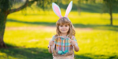 Happy Easter. Horizontal photo banner for website header design. Kids in bunny ears on Easter egg hunt in garden. Children with colorful eggs in grass. Toddler boy play outdoors