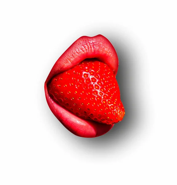 Strawberry Tongue Lips White Isolated Background Clipping Path Mouth Red — Stock Photo, Image