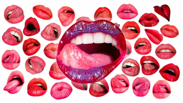 Sexy Tongue Licking Sensual Lips Lips Mouth Red Lip Background — Foto de Stock