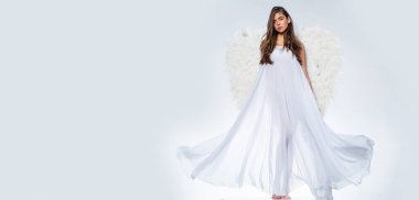 Valentines day banner with sensual angel woman. Romantic young beauty as an angel. Valentines Day symbol. Long white wings. Valentines day and costumes concept
