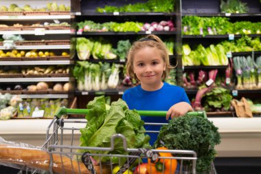 Kid with shopping cart and vegetables at grocery store. Child choosing fruits and vegetables during shopping at vegetable supermarket