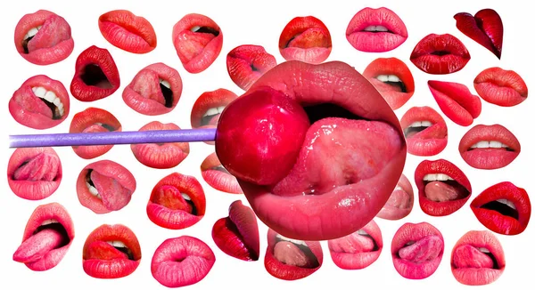 唇と口 女性の口の中でロリポップ ロリポップ 唇やロリポップ 赤い唇の背景 女性の唇 — ストック写真