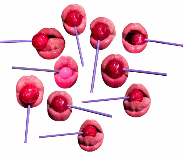 Lollypop Female Mouth Lolly Pop Lips Lollipop Set Female Lips — Zdjęcie stockowe