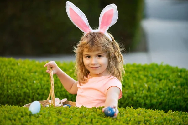 Kids boy hunting easter eggs. Easter kids boy in bunny ears hunting easter eggs outdoor. Cute child in rabbit costume with bunny ears having fun in park