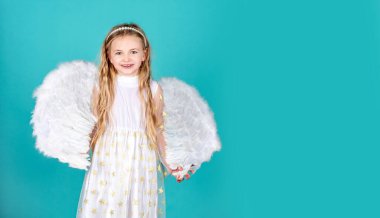 Valentines day banner with angel child. Angel kid with blonde curly hair. Beautiful little angel. Portrait of beautiful angel little girl with angels wings