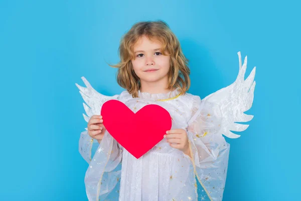 Angel kid with heart. Kid wearing angel costume white dress and feather wings. Innocent child