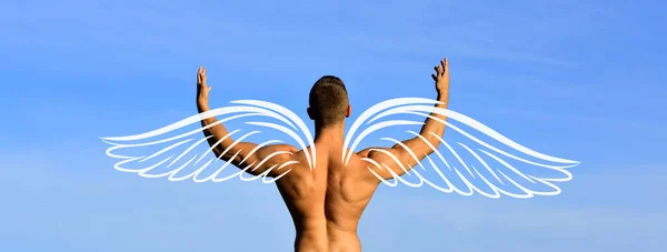 Photo Banner Sexy Man Angel Wings Valentines Day Power Freedom — стоковое фото