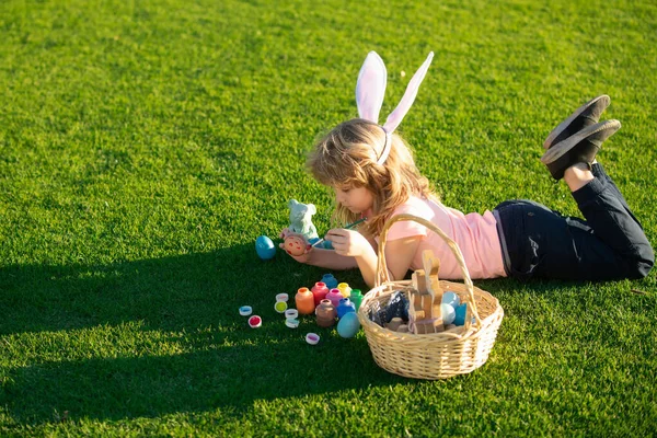 Happy Easter Bunny Child Boy Painting Eggs Spring Kids Holidays — Stock Photo, Image