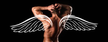 Photo banner of sexy man with wings for valentines day. Topless male model. Bare torso. Bodybuilder and strip theme. Naked muscular man angel